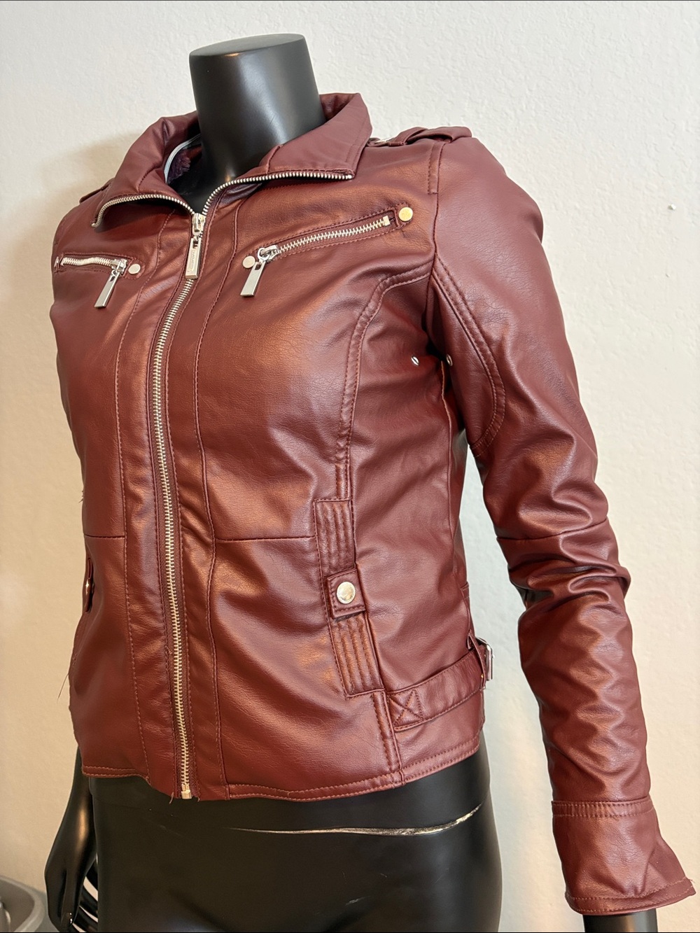 Jou Jou Wine Red Faux Leather Moto Jacket with Silver Zippers - Picture 2 of 10